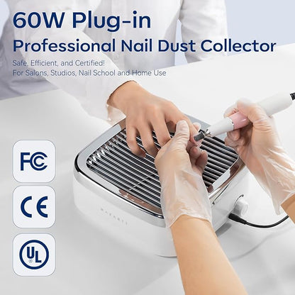 Makartt Nail Dust Collector Plug-in: 60W Dual Turbine Dust Extractor with 5200RPM Adjustable Suction, Reusable Filter Nail Vacuum for Acrylic Gel Dip Powder, Salon Home Use, Sylvie