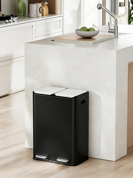 Arlopu 16Gal Dual Trash Can w/2 Built-in Box for Odor Control, Hands-Free Kitchen Garbage Bin, Recycle Waste Dustbin, Soft-Close Lid, 2 Buckets,Foot Pedal, Side Handle, Airtight,for Home (Black)