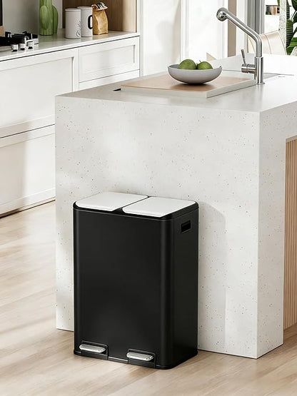 Arlopu 16Gal Dual Trash Can w/2 Built-in Box for Odor Control, Hands-Free Kitchen Garbage Bin, Recycle Waste Dustbin, Soft-Close Lid, 2 Buckets,Foot Pedal, Side Handle, Airtight,for Home (Black)