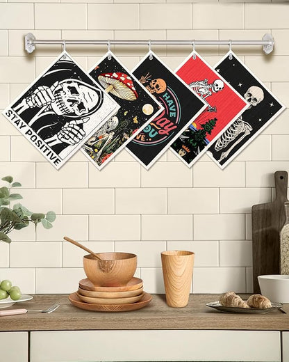 Miss Adola Swedish Dishcloths for Kitchen - 5 Pack Reusable Dish Cloths for Washing Dishes Absorbent Cute Funny Kitchen Towels Cleaning Sponge, Skull Design