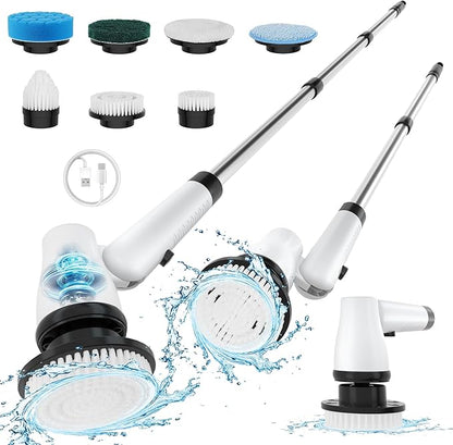 KEROMEE Electric Spin Scrubber Cordless Cleaning Brush with 7 Replaceable Brush Heads & Adjustable Extension Handle, 2 Speed Power Shower Scrubber for Bathroom, Tub, Tile, Floor (White)