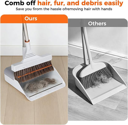 Broom and Dustpan Set with Adjustable Handle, Upright Design, Built-in Comb Teeth, Mint Green, for Home Office Hardwood Floors Pet Hair (Silver/Gray)
