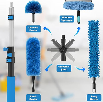 16FT Reach High Ceiling Duster Kits with 3-12FT Adjustable Pole - Includes Extra Long Duster, High Ceiling Duster, Rotatable Window Squeegee & Cobweb Duster for Ceiling Fans and Whole House Cleaning