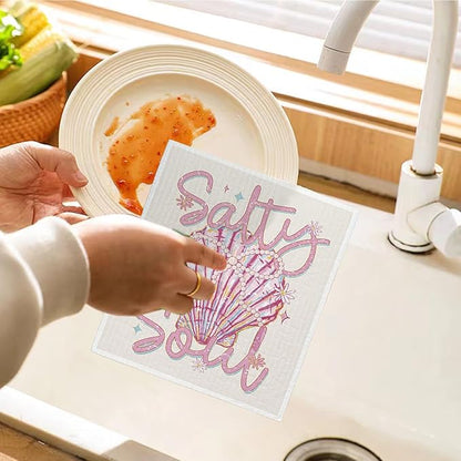 Beach Ocean Sells Swedish Dishcloths for Kitchen, Pink Salty Soul Sells Swedish Dish Cloths for Ocean, 4 Pack Dish Towels for Kitchen washcloths, Papaya Reusable Paper Towels Washable