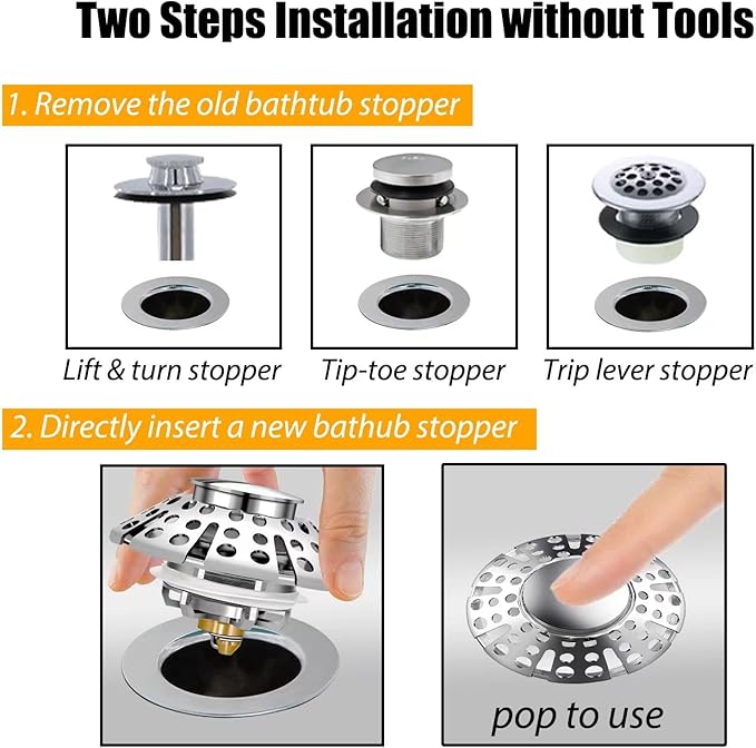 Anlige Bathtub Drain Stopper, Pop Up Tub Stopper with Drain Hair Catcher, Bathtub Plug and Cover with Strainer, Universal for 1.5 to 1.8in Tub Drain Hole