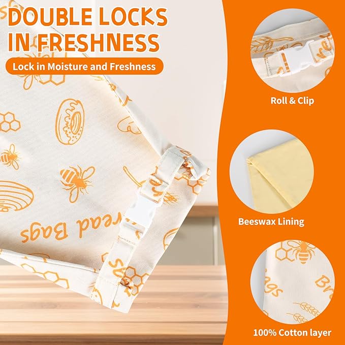 2-Pack Reusable Beeswax Bread Bags for Homemade Sourdough | XL 17x12 Inch Cotton Food Storage Bag Keeps Fresh Longer | Breathable Eco-Friendly Wrap for Boules & Loaves