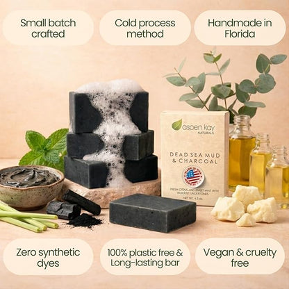 Aspen Kay Naturals Handmade Dead Sea Mud Soap Bar, Activated Charcoal & Pure Essential Oils, 4.5 oz Bar