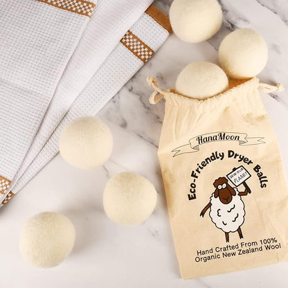 Wool Tumble Dryer Balls– Eco-Friendly Organic Fabric Softener, Reduce Wrinkles & Drying Time, Save Energy, Reusable, Handmade, 100% New Zealand Wool, Baby Safe, Unscented, XL Size (Pack of 6)