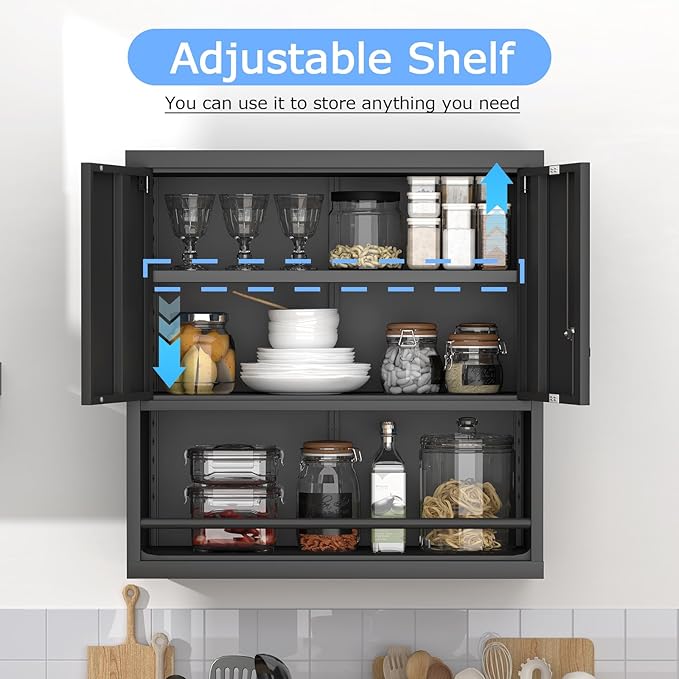 Metal Wall Cabinet, Garage Wall Cabinet with Lock, Wall Mounted Heavy Duty Steel Tool Cabinet with Door and Shelf, Locking Cabinet for Garage Warehouse Bathroom Kitchen, Black