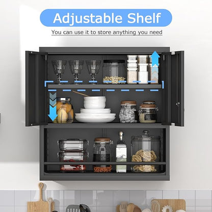 Metal Wall Cabinet, Garage Wall Cabinet with Lock, Wall Mounted Heavy Duty Steel Tool Cabinet with Door and Shelf, Locking Cabinet for Garage Warehouse Bathroom Kitchen, Black