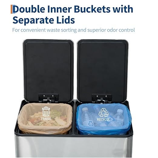 Garvee Dual Compartment Trash Can, 2 x 8 Gal (2 x 30L) Stainless Steel Recycling Bin with Anti-Slip Foldable Foot Pedal & Soft-Close Lid, Kitchen Garbage & Recycle Bin Combo - Silver