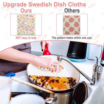 Lucomb 10 Pack Swedish Dishcloths with Hooks, Cellulose Reusable Kitchen Towels Super Absorbent Paper Towels Dish Cloth for Home Kitchen Dishes Cleaning (Quick Drying & Washable Decorative)