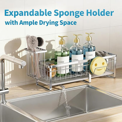 Aurblozen Extra Large Extendable Sponge Holder for Kitchen Sink, Rustproof Sink Caddy Organizer with High Brush Holder, Dish Soap Dispenser Organizers and Storage (Stainless Steel)