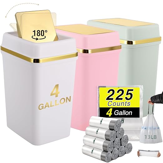 3 Pack Bathroom Trash Can with Lid 4 Gallon Small Trash Can with Swing LidBathroom Garbage Can with 225 Counts Trash Bags for Kitchen Bedroom Office(White Pink Green)