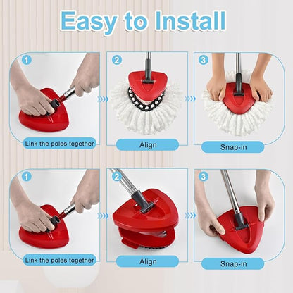 Spin Mop Handle, Mop Replacement Head,Brush,Base Compatible with OCedar EasyWring 1 Tank,2 Microfiber Mop Refills,1 Mop Base,1 Brush and 30-58" Mop Handle Combo Set for OCeda,Use for Floor Cleaning