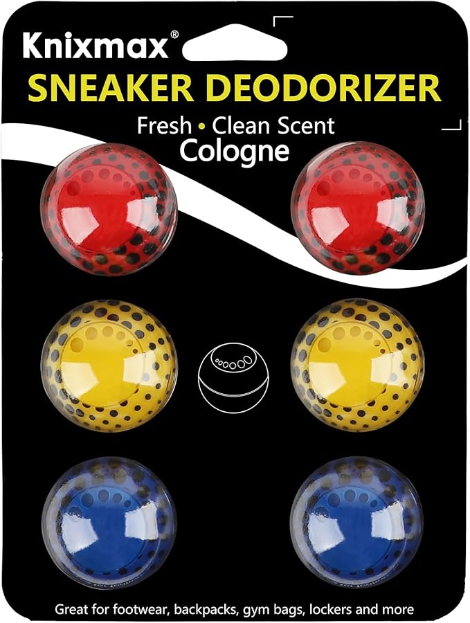 Knixmax Sneaker Deodorizer Shoe Freshener Balls, Odor Eaters for Shoes Boots Mules, Smell Eliminator Ball for Gym Gear Bags and Lockers, Cologne Scent, Pack of 6, Colorful