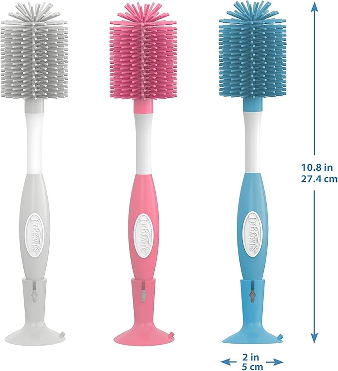 Dr. Brown's Soft Touch No Scratch Baby Bottle Cleaning Brush Nipple Cleaner with Stand and Storage Clip, BPA Free, Pink (Pack of 2)