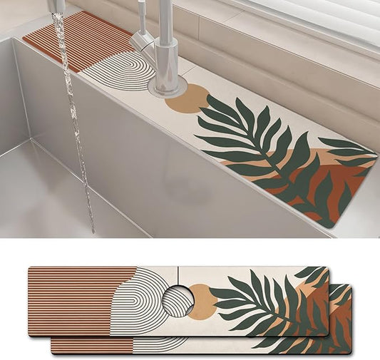 2PCS 24" X 5.5" Kitchen Sink Splash Guard Faucet Mat Boho Super Absorbent Fast Drying Faucet Guard & Draining Mat Sink Splash Guard Behind Faucet for Kitchen, Bathroom