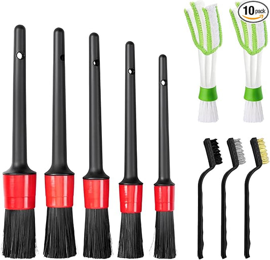 10 PCS Car Detailing Brush Set, Auto Cleaning Kit with Boar Hair & Steel Wire Brushes, A/C Duster, Car Interior Exterior Detailing Kit for Dashboard Engines Leather Wheel