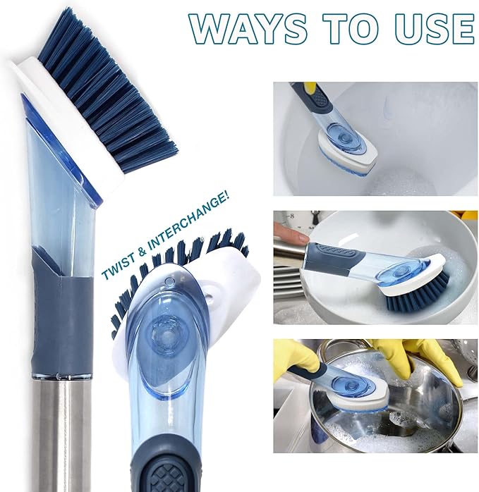 CBC Crown Soap Dispensing Dishwashing Brush with 4 Scrub Brush Heads & Extra Refill Set