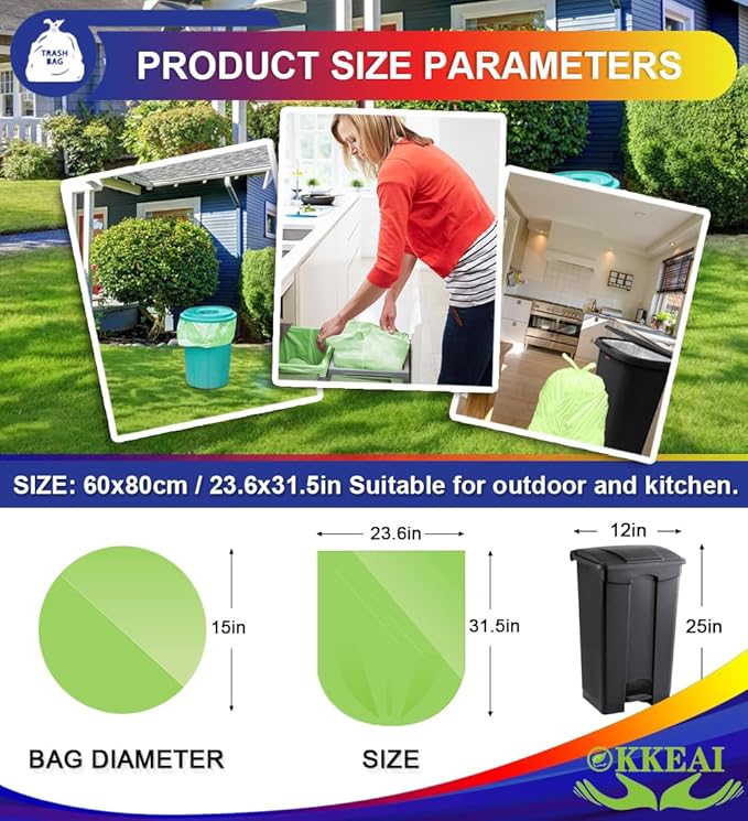 OKKEAI Large Garbage Bags 13 Gallon Tall Kitchen Green Trash Bags 49 Liter Bin Liners for Lawn Yard,Home,Office,60 Counts (Fits 10-15 Gallon Bins)