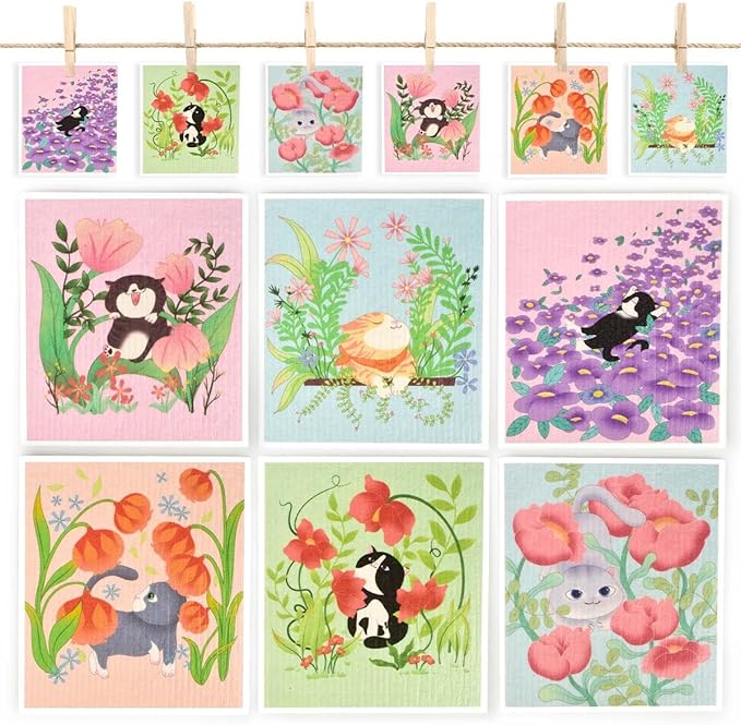 CONLI 6 Pack Swedish Dishcloth Reusable Dish Cleaning Towels Super Absorbent Fast Drying Cloths for Kitchen Cleaning - 6 Assortment Designs (C-Flower CAT)