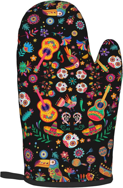 Mexican Oven Mitt Potholders Sets - Mexico Kitchen Mitts and Pot Holders Set of 2 Floral Skull Oven Gloves Hot Pads for Cooking Baking Grilling
