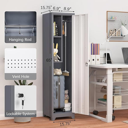 GREATMEET Slim Metal Utility Cleaning Storage Cabinet with Single Door, Narrow Tool Organizer for Brooms, Mops & Cleaning Supplies, Garage & Laundry Room Use, Grey White