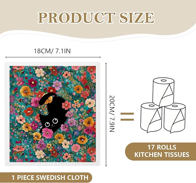 Mixed Black Cat Swedish Kitchen Dishcloths Dish Towels 6 Pack, Cats Dish Towels for Kitchen, Swedish Dishcloth with Cats, Paper Towels Reusable, Dish Cloth Towel Cleaning Wipe for Home Party