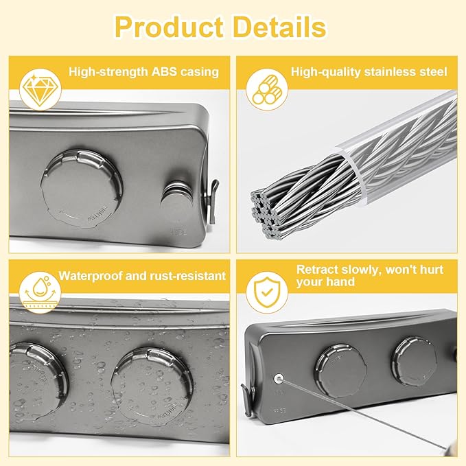 Retractable Clothesline Indoor & Outdoor, 16.7 Ft Non-Sagging Double Clothes Line, Retracting Heavy Duty Clothes Drying Laundry Line, Wall Mounted Space-Saving Stainless Steel Line