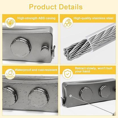 Retractable Clothesline Indoor & Outdoor, 16.7 Ft Non-Sagging Double Clothes Line, Retracting Heavy Duty Clothes Drying Laundry Line, Wall Mounted Space-Saving Stainless Steel Line