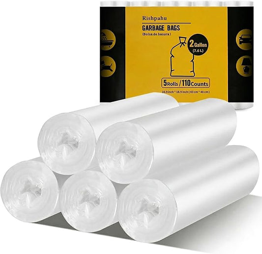 110Counts Small Trash Bags 2 Gallon, Flexible & Durable Small Garbage Bags, Unscented & Easy Tearing 2 Gallon Trash Bag for Kitchen, Bathroom, Bedroom, Office, Transparent
