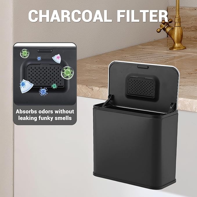 GarveeHome 1.3 gal/5L Countertop Compost Bin with Lid, Hanging Small Trash Can with Odor Control Charcoal Filter ＆ Bucket Under Sink for Kitchen, Hanging/Wall Mounted/Standing Food Waste Bin, Black