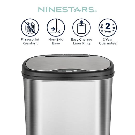 Ninestars 13 Gallon Oval Automatic Trash Can, 50L Touchless Motion Sensor Garbage Can with Odor-Sealing Lid & One-Touch Manual Mode, Silver Stainless Steel, Black Trim