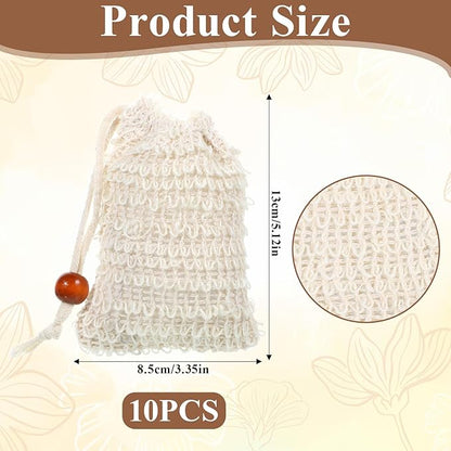 Soap Bag 10 Pcs Natural Sisal Soap Saver Bags Mesh Net Saver Pouch Exfoliating Foaming Drying Soaps Holder Handmade Bag with Drawstring for Bath Shower Massaging and Scrubbing