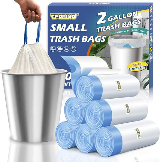 2 Gallon Trash Bags Drawstring 0.96 Mil - 120 Count Small Garbage Bags Unscented,White Mini Trash Can Liners Strong Little Waste Basket Bags 7.5 Liter for Home Bathroom Office Car