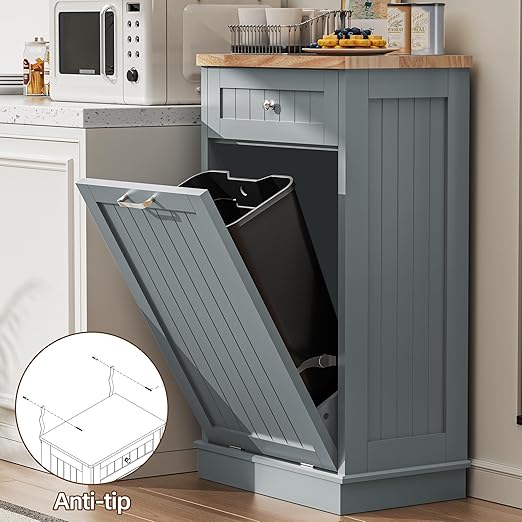AHB 13 Gallons Tilt Out Trash Cabinet, Hidden Trash Can Cabinet Kitchen Wooden Tilt Out Pet Proof Hidden Trash Bin for Kitchen Living Room, Blue