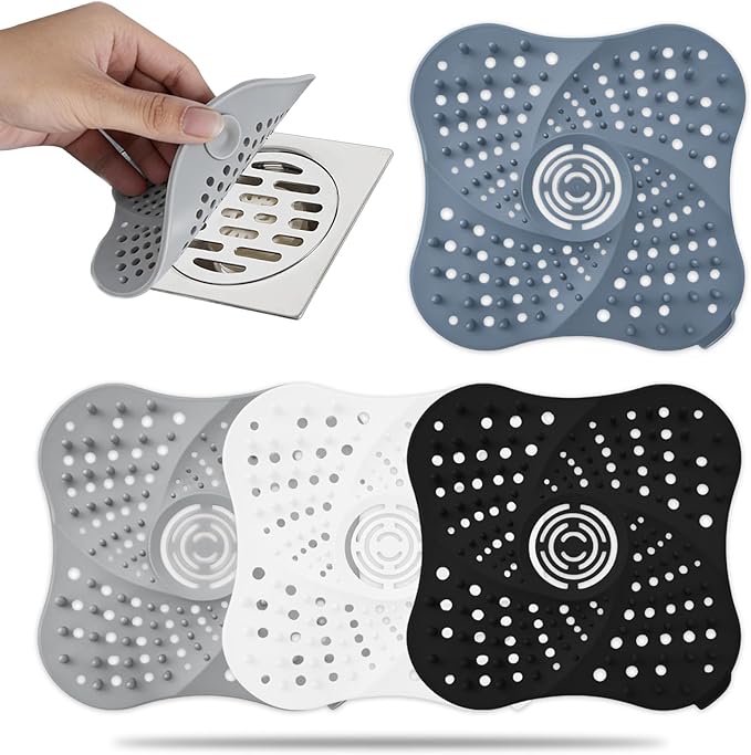 4 Pack Shower Drain Hair Catcher, Premium Silicone Shower Hair Catcher with Suction Cup for Regular Drains of Shower Kitchen Bathtub Bathroom (Black/White/Gray/Blue)