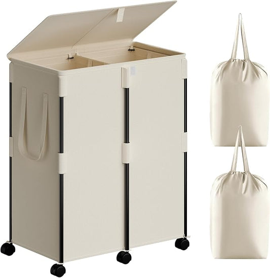 160L Double Laundry Hamper with Lid and 6 Wheels, Rolling Laundry Basket with 2 Removable Bags, Heavy Duty Metal Frame Clothes Cart, 2-Section Laundry Sorter for Bedroom, Bathroom (White)