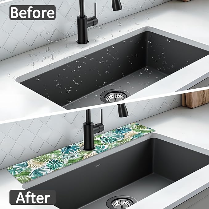 2PCS 24" X 5.5" Kitchen Sink Splash Guard Faucet Mat Leaf Super Absorbent Fast Drying Faucet Guard & Draining Mat Sink Splash Guard Behind Faucet for Kitchen, Bathroom