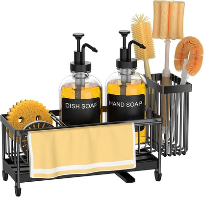 Kitchen Soap Dispenser Set with Sponge Holder and Towel Rack, 17OZ Glass Bottle, Hand and Dish Soap Dispenser Set, Non-Slip Silicone Pad, Brush Holder, Sink Organizer Countertop (Transparent)