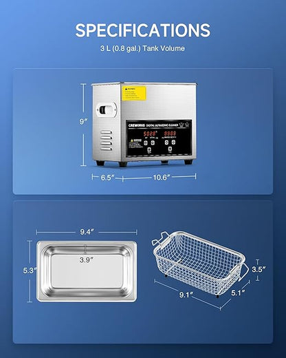 CREWORKS 3L Ultrasonic Cleaner, 0.8 gal Digital Sonic Cavitation Machine, 120W Stainless Steel Professional Jewelry Cleaner for Cleaning Tool Watch Glasses Retainer Denture Parts with Heater & Timer