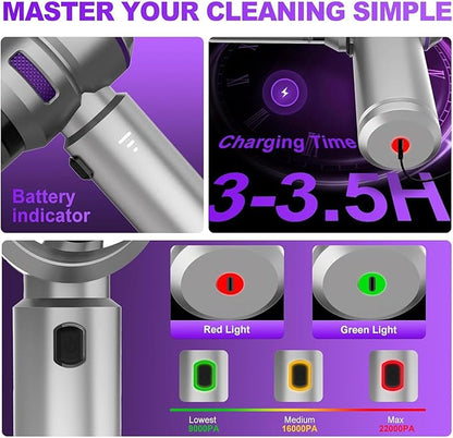 Handheld Car Vacuum Cordless, 22000PA Strong Suction Mini Vacuum Cleaner with Brushless Motor, 4-in-1 Portable Vacuum for Car Detailing, Home, Office & Travel, Silver Purple