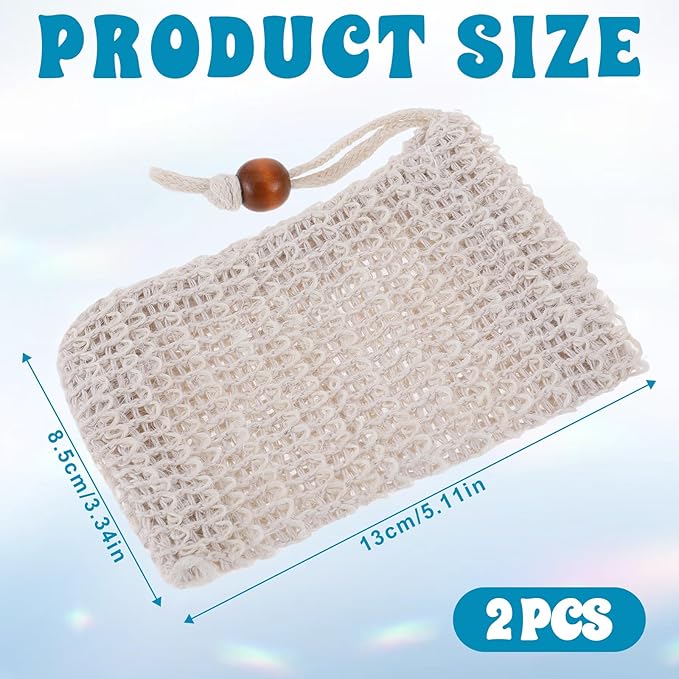 2PCS Soap Saver Bag, Sisal Exfoliating Soap Pouch, Natural Cotton-Linen Exfoliating Net Pouch with Drawstring, Foaming and Drying Exfoliating-Mesh Pouches for Bath and Shower (13x8.5cm, Beige)