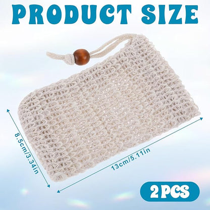 2PCS Soap Saver Bag, Sisal Exfoliating Soap Pouch, Natural Cotton-Linen Exfoliating Net Pouch with Drawstring, Foaming and Drying Exfoliating-Mesh Pouches for Bath and Shower (13x8.5cm, Beige)