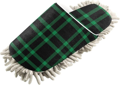 Kigai Microfiber Cleaning Slippers Black Green Plaid Washable Mop Shoes Slipper for Men/Women House Floor Dust Cleaner, Size L