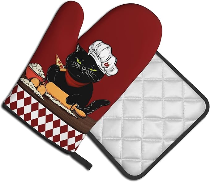 Cat Pot Holders and Oven Mitts - Red Cooking Gloves Hot Pads for Kitchen Fun Chef Gifts for Cooking Lover Cooks