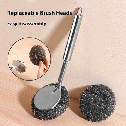 Ergonomic Handle Stainless Steel Scrubber with 4 Replacement Balls, Wire Brush for Kitchen Pots, Grills, Pans and Cutlery