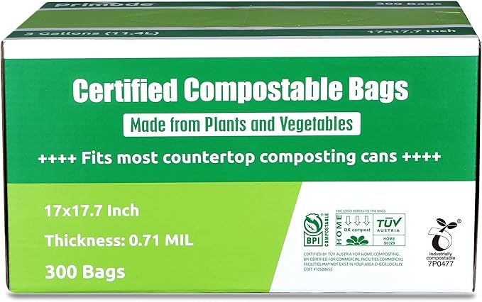 Compostable Trash Bags, Food Scraps Yard Waste Bags,Extra Thick 0.71 Mil. ASTMD6400 Compost Bags Small Kitchen Bin Bags, Certified By BPI and TÜV AUSTRIA (3 Gallon)