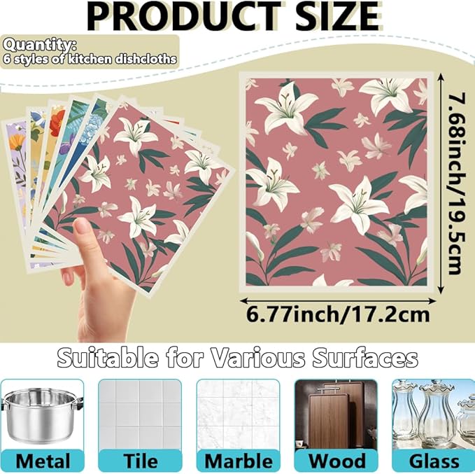 6Pcs 6 Styles Swedish Dishcloths for Kitchen Reusable Quick Drying Sponge 7.7 x 6.8 Inch Countertop Cleaning, Floral Swedish Dish Cloth Absorbent Towels for Dishes Home Tableware Wiping Use